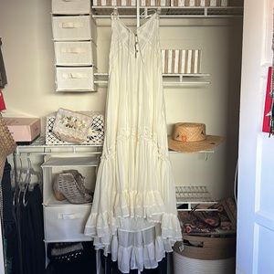 Soft cream colored cotton, lg, adjust by gathering at neck, wood bottoms, full